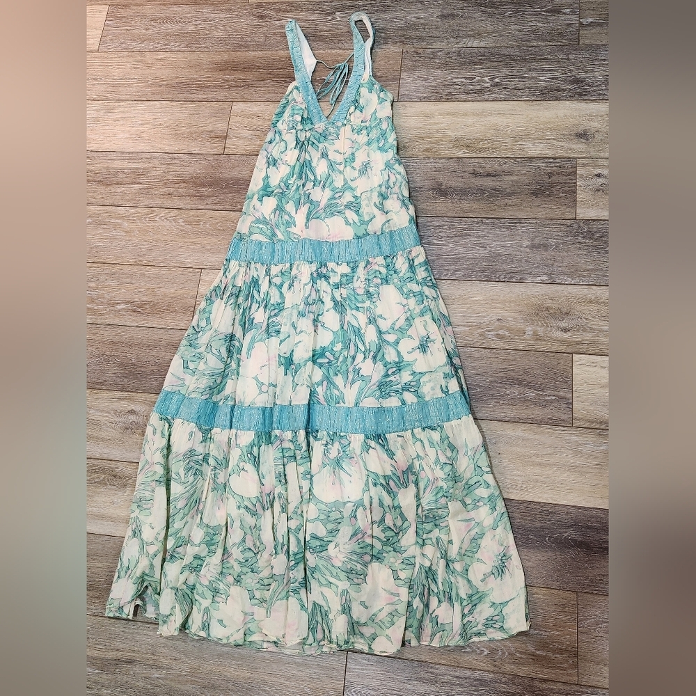 Rebecca Taylor Cream and Blue Floral Dress Tiered Boho Maxi Dress Size 4